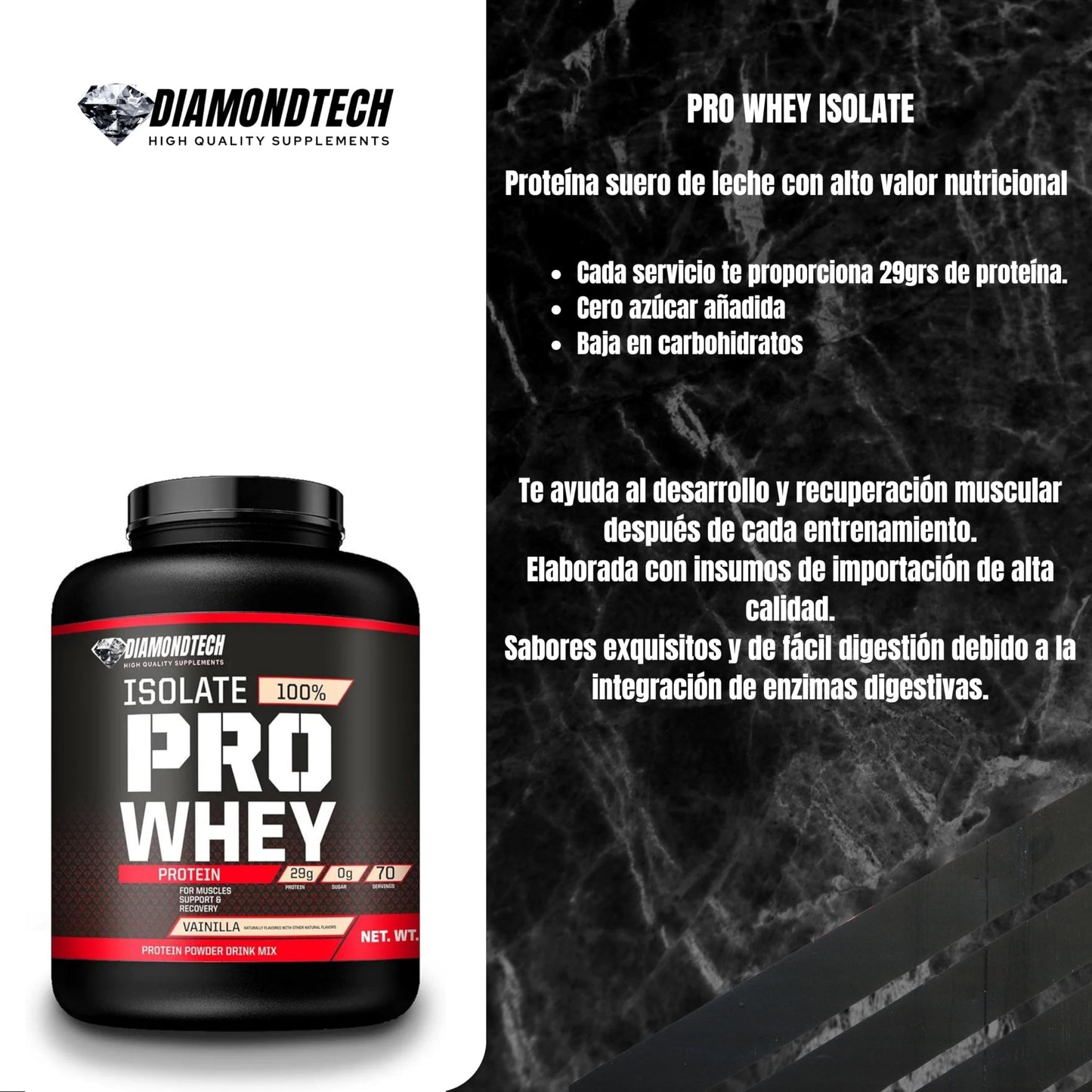 Proteína Pro Whey Isolate 5lbs (2.27kg) 70 servicios Diamondtech