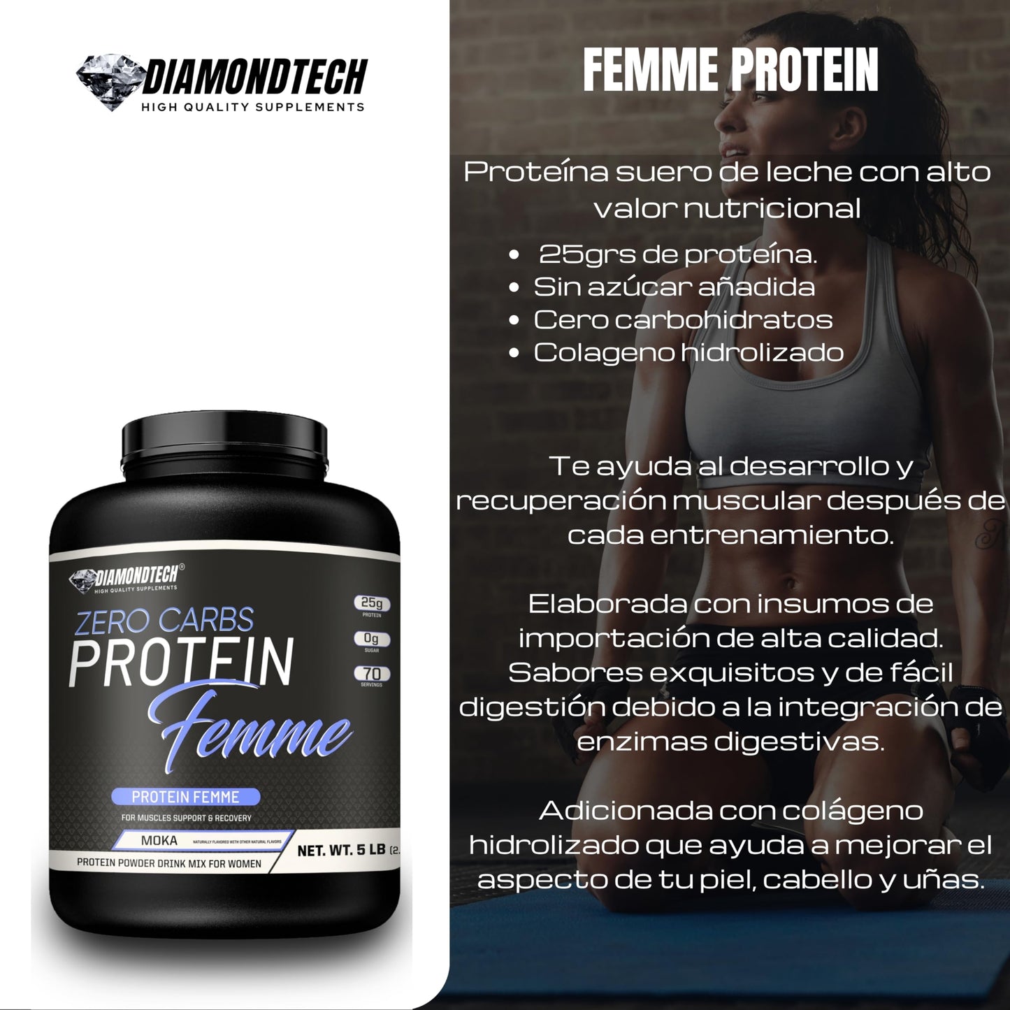 Diamondtech Proteina Whey Femme mujer Zero carbs 5lbs con Colágeno Hidrolizado