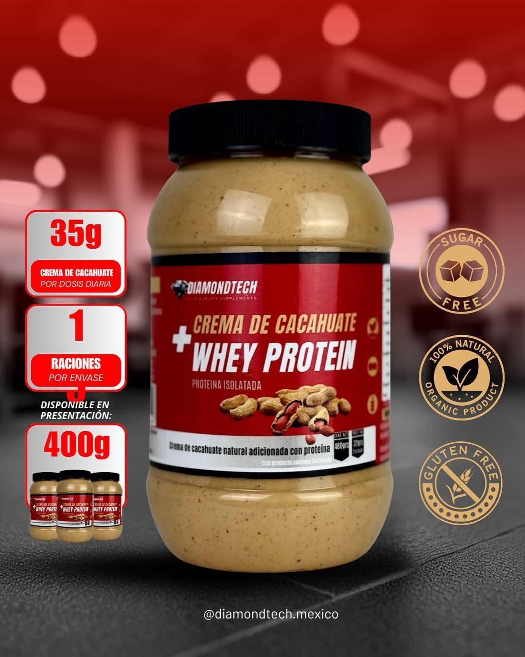 Crema de cacahuate con proteína whey, sin azucar, sin conservadores. Sabor natural